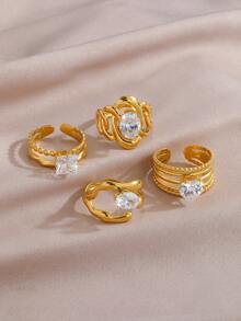 1 pieza Anillo de mujer de lujo con circonita estilo francés, diseño geométrico chapado en oro de 18K de acero inoxidable, adecuado para uso diario, citas, fiestas, conciertos, joyería - Amarillo Oro - Ver 6