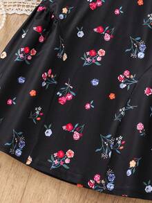 Abito da ragazza casual, stile campus e strada, design classico retrò con inserti in pizzo, vita svasata, stampa floreale botanica all-over, colletto Peter Pan, maniche a sbuffo, primavera/estate - nero - Visualizzare 7