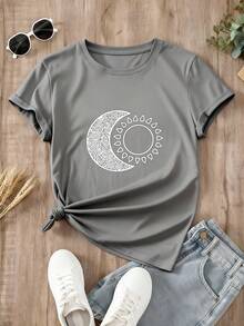 camisetas estampadas mujer, camisetas casuales para mujer, Camiseta Unisex  Hindu Sol Y Luna Maravilla, diseño de sol y luna hindú con ornamentos intrincados, playeras graphic, blusas para mujerEs un gran regalo para la familia, los amigos, los novios y las novias - Gris - Ver 2