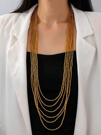 1件复古优雅简约多层串珠长项链，适合女性日常佩戴、派对佩戴或作为礼物