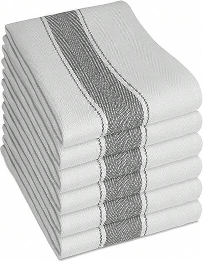 Pack Of 6 Kitchen Tea Towels Large 100% Cotton Commercial Towels Lint Free White Quick Drying, 70 X 50 Cm Grey