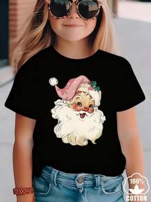 Esta nueva camiseta de manga corta para niñas, 100% algodón, luce modernos estampados de Papá Noel, informal y versátil. Confeccionada con un tejido suave y delicado con la piel, es suave con la piel sensible de tu hija, permitiéndole libertad de movimiento y comodidad durante reuniones familiares, actividades escolares o juegos al aire libre. - Negro - Ver 1