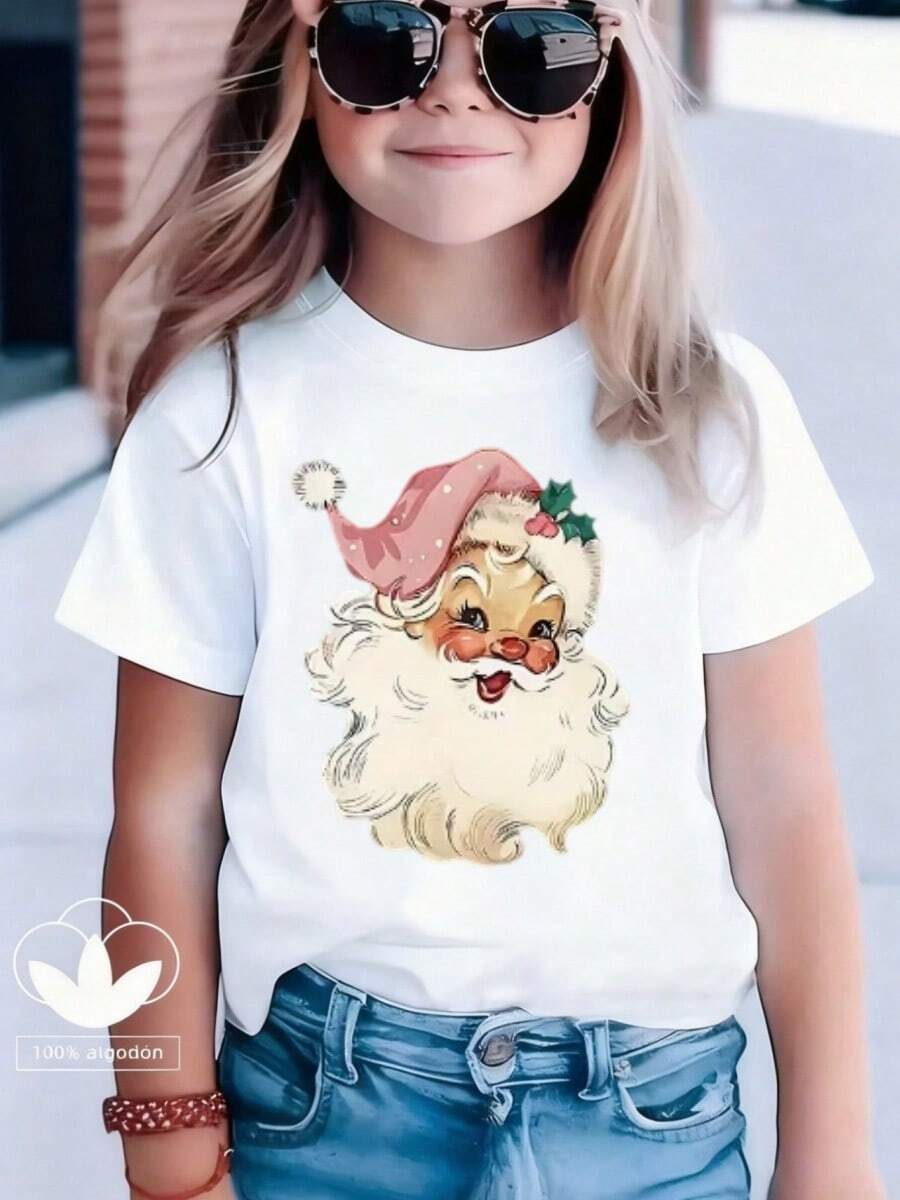 Esta nueva camiseta de manga corta para niñas, 100% algodón, luce modernos estampados de Papá Noel, informal y versátil. Confeccionada con un tejido suave y delicado con la piel, es suave con la piel sensible de tu hija, permitiéndole libertad de movimiento y comodidad durante reuniones familiares, actividades escolares o juegos al aire libre. - Blanco - Ver 1