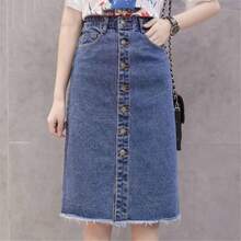 Falda de mezclilla con botones frontales para mujer, casual, cintura alta, dobladillo deshilachado con bolsillo, longitud a la rodilla, falda de mezclilla, Azul, - inicial - Ver 2