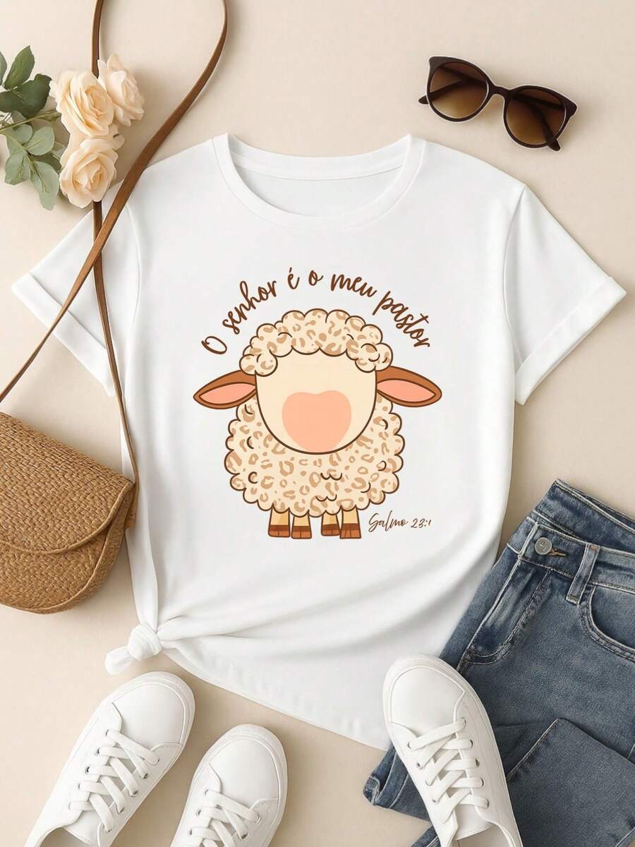 Women's Blouse 100% Cotton With Christian Sheep Print – "The Lord Is My Shepherd" – Casual Comfortable - trắng - Xem 1