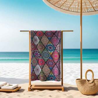 Finns i flera storlekar, elegant färgglatt geometriskt mönster extra stor strandhandduk, lätt snabbtorkande superabsorberande handduk, sandtät och soltät strandfilt, lämplig för simning, camping och utomhusaktiviteter