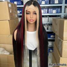 【臭鼬条纹假发】高光红金色直发真人发假发，13X4透明前额蕾丝，P1B/BUG/白金色，巴西雷米发，预先拔毛，自然发际线，无胶 - SNatural/22/27A/613 - 查看 10