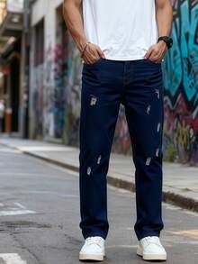 Nuevo 2025, Pantalones vaqueros de agujero recto para hombres, pantalones de mendigo de moda de moda, personalidad rota, joven, en busca de la personalidad, desinhibido, diferente de la moda, azul, azul claro, cintura media, ocio, relajación, comodidad, primavera, verano y otoño se pueden usar - Azul - Ver 4