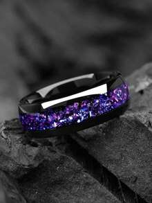 Starry Sky Series Nebula Space Black Tungsten Steel Ring 8mm Wide Band With Purple Synthetic Opal Inlay | Gunmetal Finish | Engagement & Anniversary Gift For Men | Durable And Stylish Wedding Accessory, Best For Christmas - Multicolor - View 12