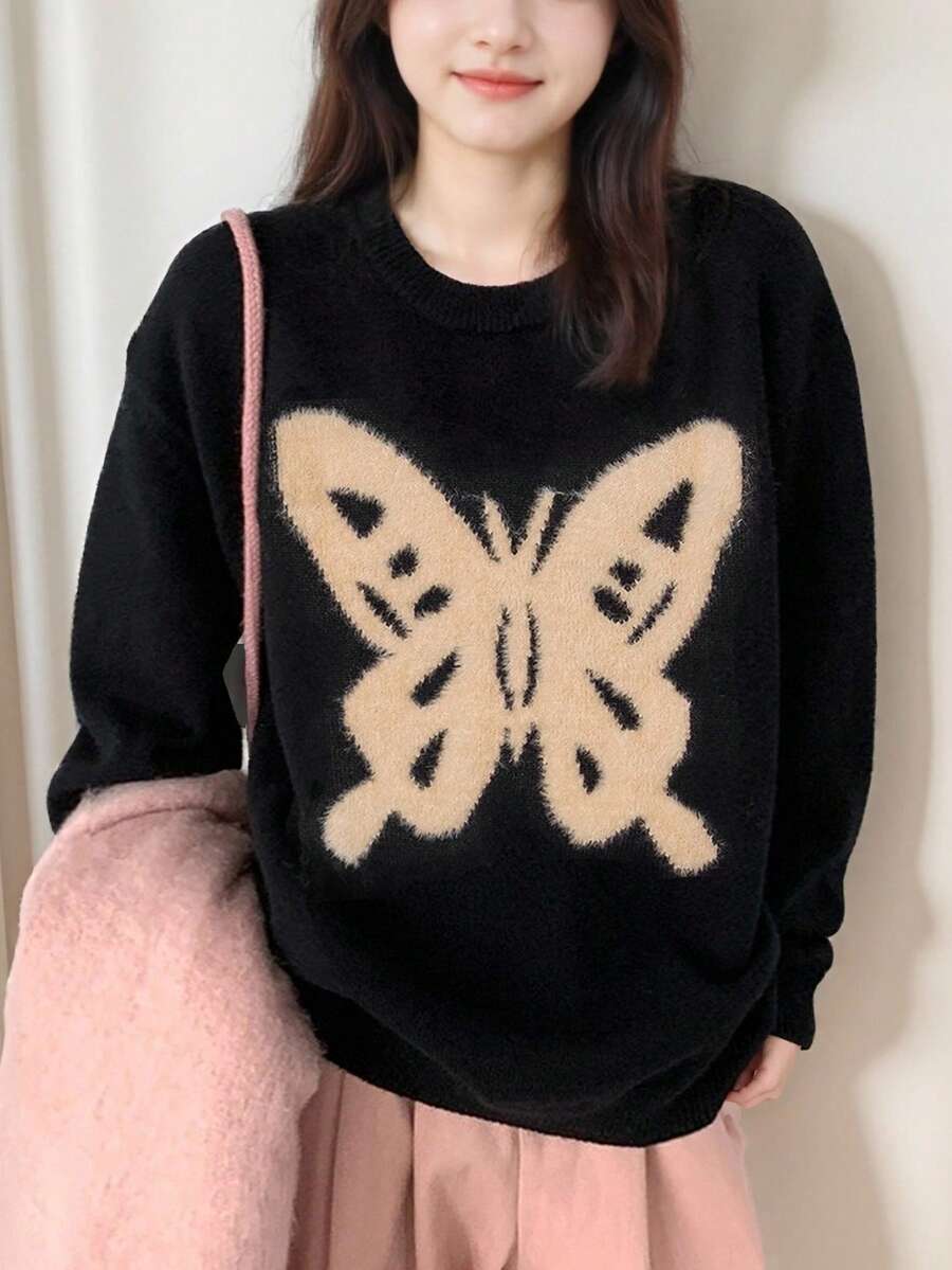 Alicedudu Suéter de mujer para otoño/invierno, jersey de cuello redondo tejido con patrón de bloques de color dulce