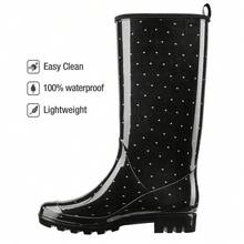 HISEA Women's Rain Boots Slim Calf Fashion Waterproof Garden Shoes Colorful Printed Rubber Boots Anti-Slipping Rainboots For Ladies Tall Knee High Outdoor Rain Shoes - Polka Dot Print Black and White - 查看 2