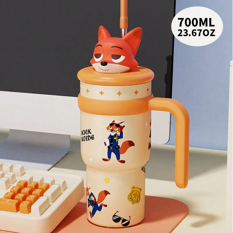 Miniso Zootopia Judy & Nick Doll Insulated Straw Tumbler 304 Stainless Steel Material 3D Doll Lid & Handle Design Commute Office Home Insulated Water Cup (ZG Version)(1 PC) - Orange - View 1
