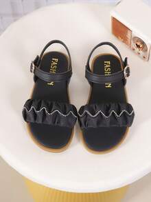 儿童时尚户外凉鞋，夏季方头平底鞋，系带凉鞋，新款女童鞋，时尚沙滩拖鞋 - 黑色 - 查看 2