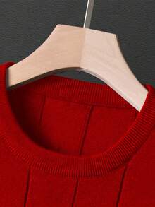 Men's Solid Color Casual Crew Neck Ribbed Short Sleeve T-Shirt - Red - View 5