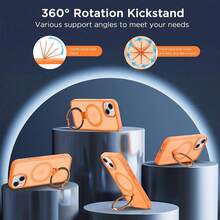 Magnetic Case For For IPhone 13/14 6.1 Inch With 360 Rotatable Ring Stand, Compatible With Mag Car Phone Mount, Cases Cover Phone Holder For Desk Meeting/Videos Orange,6.1inch(ForFor IPhone13/14),Orange - 橘色 - 查看 5