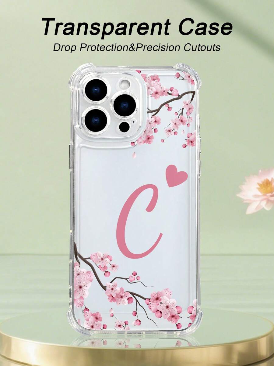 1 pieza Funda de teléfono con diseño de ramas de flor de cerezo y letra C con corazón, funda transparente resistente a golpes, ligera y con corte preciso, compatible con iPhone 17/16/15/14/13/12/11/XS/XR/X/PLUS/PRO/PROMAX, compatible con Galaxy A34/A35/A54/A55, Galaxy S20/S21/S22/S23/S24 Ultra/Plus, compatible con Moto/Galaxy/Redmi/Honor/OPPO, regalo de fiesta - transparente - Ver 1