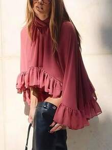 Chiffon Cape For Women Mock Neck Sheer Mesh Shawl Wraps Asymmetrical Flowy Ruffle Capelets For Evening Crop Cover Up Poncho - Red Violet - View 4