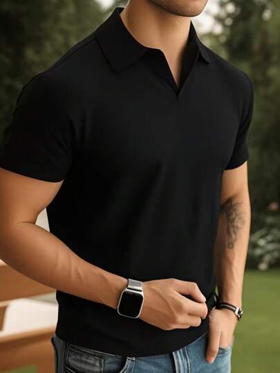 Men's Solid Color Turndown Collar Airplane Collar Short Sleeve T-Shirt