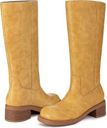 Women's Knee High Square Toe Chunky Block Riding Boots, Low Heel, 2025 Fashion - Yellow - View 5