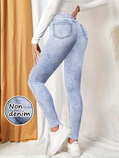 Women's High Waist Denim Print Elastic Leggings - Slim Fit Stretchy Waist Yoga Pants, Suitable For Autumn/Winter, Casual Daily, Travel, Outdoor Sports Spring Vacation