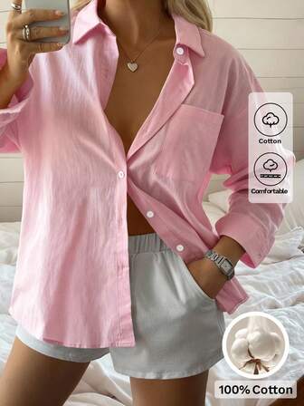 Look Polly Women's Solid Color Long Sleeved Shirt, Single Breasted Casual Fashion Style, Traceable Cotton Fabric, Autumn Women's Clothing, Pocket Design, Back To School Season Clothing, Retro Pink Top, Women's New Year Thanksgiving Style Shirt
