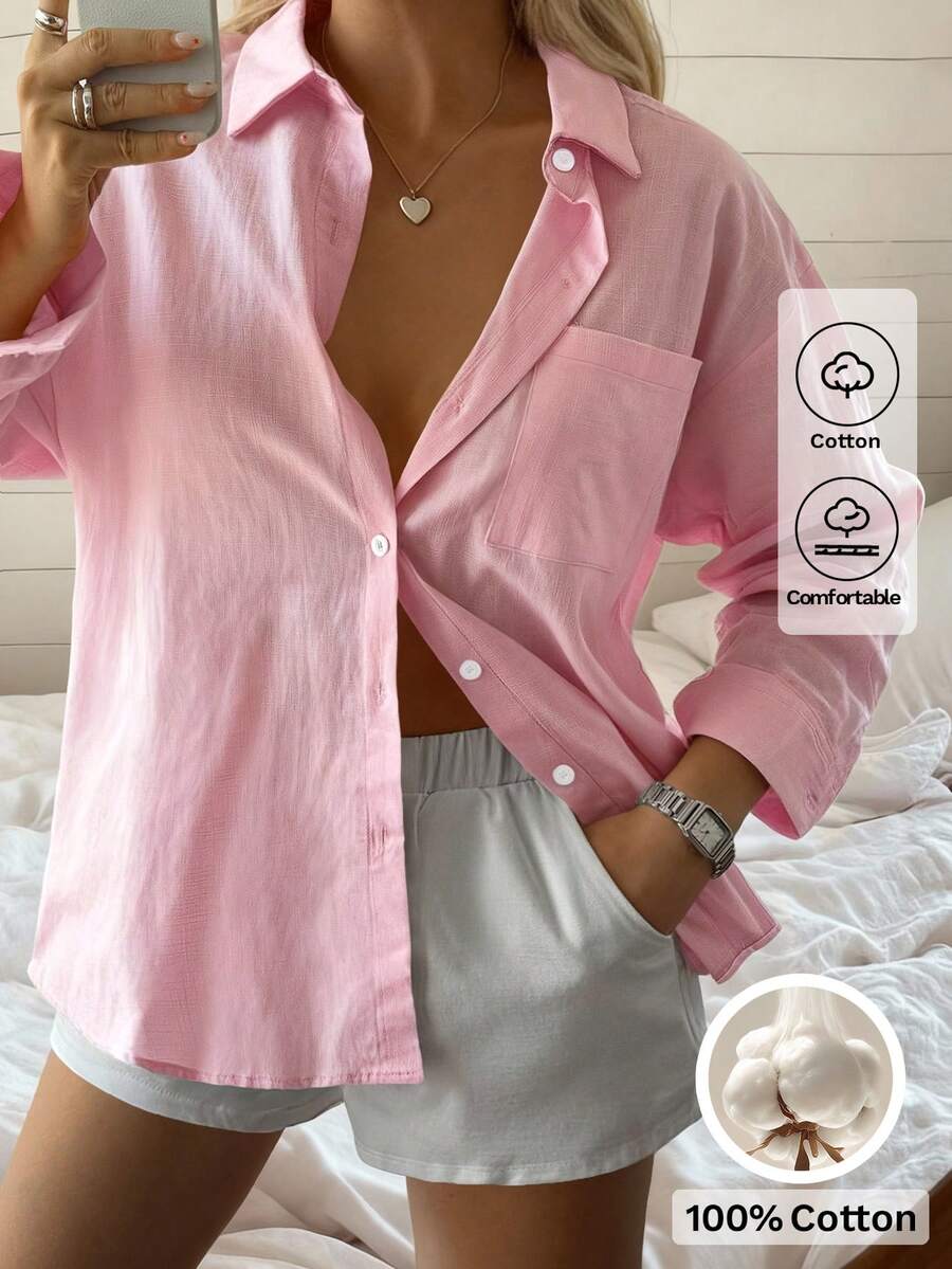 Look Polly Women's Solid Color Long Sleeve Shirt, Single Breasted Casual Fashion, Traceable Cotton Fall Women Clothes, Pocket Design, Back To School Clothes, Old Money Style Pink Top Women Christmas New Year Look Thanksgiving Shirt