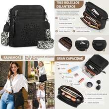 RAINSMORE Bolsa Crossbody Mujer, Bolsas Bandolera de Impermeable Cuero, Bolso Crossbody para Mujer diario, viajes, trabajo(Negro) - Multicolor - Ver 1