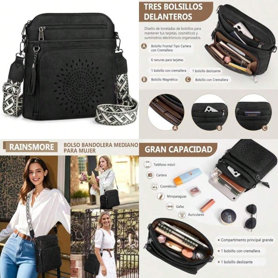 RAINSMORE Bolsa Crossbody Mujer, Bolsas Bandolera de Impermeable Cuero, Bolso Crossbody para Mujer diario, viajes, trabajo(Negro) - Multicolor - Ver 1