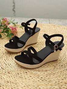 Giày sandal đế xuồng mùa hè mới, đế dày, chống thấm nước, đa năng giúp tăng chiều cao và tạo dáng thon gọn. - màu đen - Xem 6