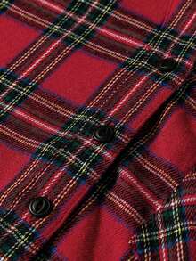 Women's Plaid Fall Dress Fashionable Casual V Neck Half Button Front Long Sleeve Ruffle Hem Dress - Red - View 10
