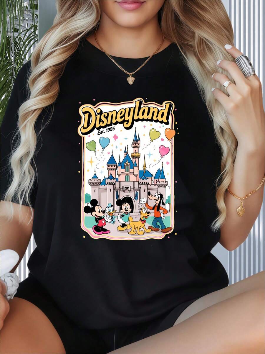 Disneyland Established 1955 Mickey Mouse Minnie Donald Goofy Castle T Shirt Women Casual Summer Top Graphic Tee For Disney FansWomen's T-Shirt With Round Neck And Short Sleeves, Disney Theme Fun Printing, Suitable For Christmas Partysports Activitiesholiday PartiesoutingsNew Year Gift Sports And Other Holiday Gifts (220g). - màu đen - Xem 1