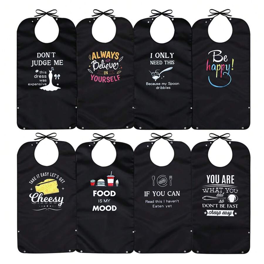 1pc Premium Adult Bib, Reusable Clothing Protector For Elderly Eating, Black With English Text Print, 33 Inches X 17 Inches - Multicolor - View 1