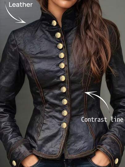 Women's Elegant Solid Color Single-Breasted Stand Collar Long Sleeve Jacket, Spring/Autumn Black