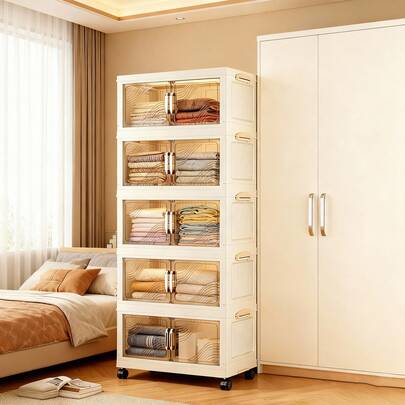 1 pieza (45cm-60cm de ancho) Gabinete de almacenamiento plegable de plástico con puerta doble, armario plegable, armario portátil para el hogar, gabinete de juguetes para la sala de estar, gabinete para bocadillos, gabinete de almacenamiento de cocina, regalo de Navidad y Halloween, caja de pañuelos para el baño, estantería para el piso del dormitorio, estantería de zapatos plegable