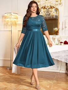 Đầm dạ hội cỡ lớn đính sequin, ren hoa, tay lửng 3/4, xếp ly, chất liệu chiffon, thích hợp cho tiệc sinh nhật, tiệc chiêu đãi, lễ hội mùa hè. - Màu xanh bụi bặm - Xem 4