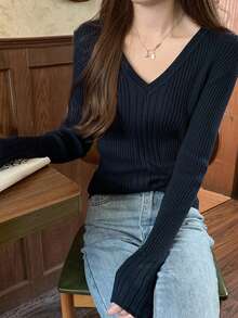 女士修身V领罗纹针织长袖套头衫，百搭显瘦，春季款 - 藏蓝色 - 查看 5