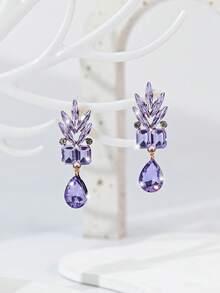 1 paire de boucles d'oreilles à goutte élégantes et à la mode avec fleurs et strass, convient pour le port en extérieur et en vacances - Prune - Voir 4