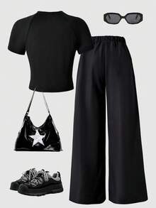 Tween Girls' Numeric Print Raglan Short Sleeve T-Shirt And Pants Casual Outfit - Black - View 2