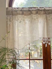 1件，波西米色仿亚麻布短窗帘，带白色星星吊坠蕾丝边，独特的弧形设计，适用于小窗户、厨房、花园书架、小屋、门口等。