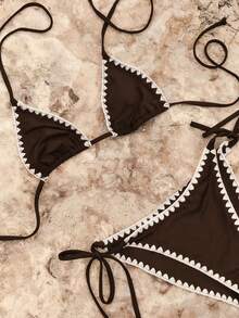 女士夏季沙滩花卉饰边露背系带性感比基尼泳装套装度假 - 咖啡 - 查看 6