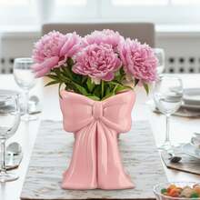Pink Bow Vase, Playful Pink Ceramic Vase/Pen Holder 6.3x4.9x3 Inches, Makeup Brush Holder Modern Decorative Piece, Women's Christmas Gift Suitable For Home Office Storage Rack Desktop Room Decor, Playful Pink Ceramic Bow Vase, Ideal As A Centerpiece For Dining Tables. Pink And White Two-Tone Vase Doubles As A Makeup Brush Holder, - Multicolor - View 2