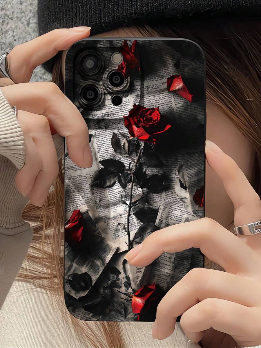 1 pieza Funda de teléfono con diseño de rosa de periódico personalizada, de estética negra y pupila, compatible con iPhone 16/16Pro/16Plus/15/15ProMax/15Pro/11/12/13/14ProMax/12Mini/13Mini/11Pro/11ProMax/12Pro/12ProMax/13Pro/13ProMax/14Pro/14ProMax, de carcasa suave y creativa de alta gama - Multicolor - Ver 1
