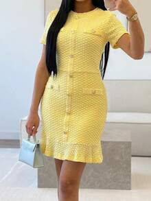 Unadoll 女士春季圆领短袖连衣裙，带假口袋和装饰纽扣，优雅时尚，适合派对、约会、通勤、生日、情人节等场合。 - 黃色 - 查看 6