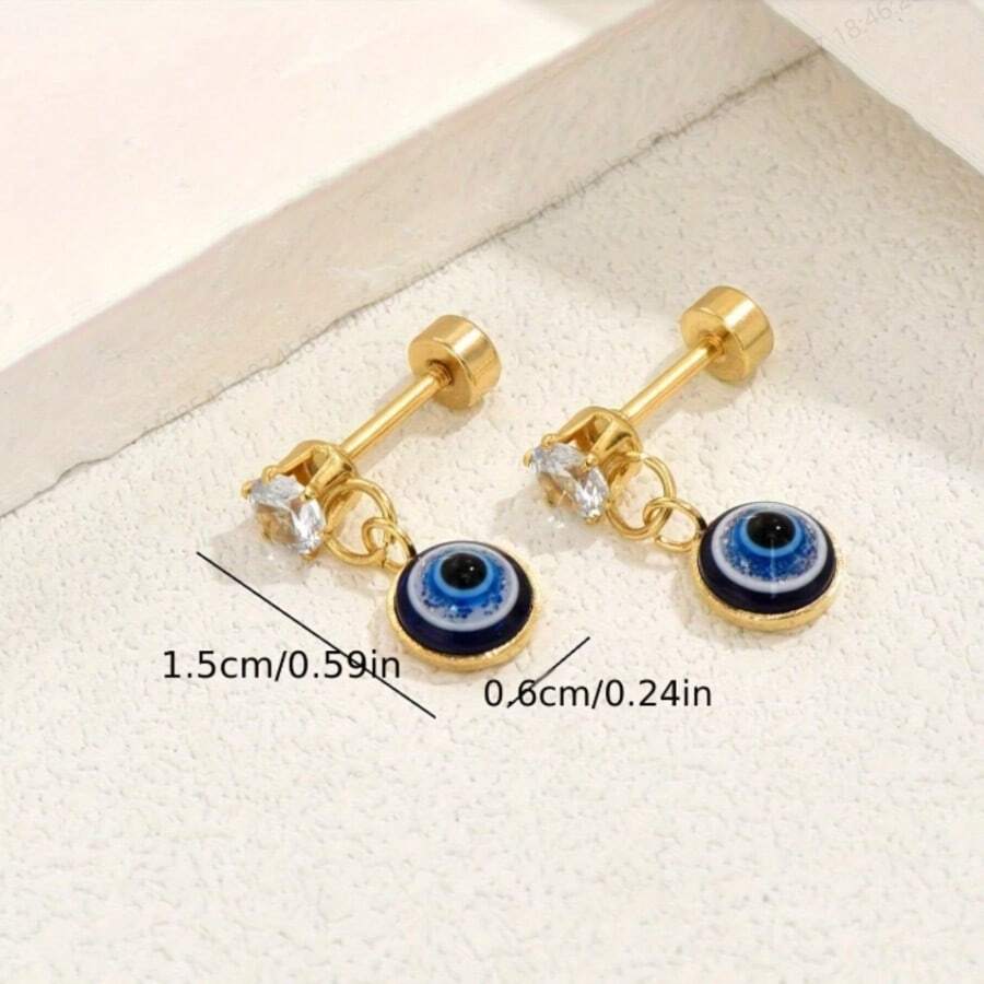 1 Pair 2025 New Design Devil's Eye Heart Pendant Earrings For Women Girls, Stainless Steel Gold Plated Anti Rust Jewelry - Gold - View 1