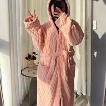 1pc Unisex Coral Fleece Hooded Bathrobe, Long Style, Multiple Colors Available, Soft & Fluffy Warm, Golden Turtle Design, Women's Bathrobe With Belt And Pockets, Can Be Worn As Towel Or Bathrobe, Super Soft Velvet Fabric, Highly Absorbent And Warm, Can Be Worn As Sleepwear
