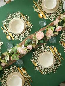 10pcs Gold Flower Pattern 15-Inch Round Placemats, 3.94-Inch Round Hollow Flower Coasters, Washable, Easy To Clean, Wipe-Clean, Non-Slip, Heat-Resistant, Suitable For Room Decor, Dining Table Decor, Home Decor, Holidays, Parties, Birthdays, Weddings And Dinners. - Multicolor - View 7