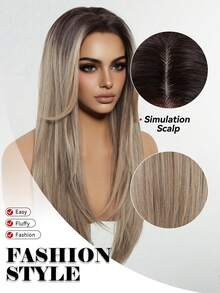 26 Inch Long Straight Hairline U-Part Lace Front Synthetic Wig For Women Brown Mixed White Natural Middle Part Wig Blonde Highlight Wigs - Brown Highlight - View 7