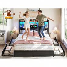 Full/Queen/King Size 51" Tall Bed Frame With 4 Large Drawers & Charging Station & LED Lights Metal Platform Bed With Bookcase Headboard 9 Compartments, No Noise, Cama Black - 查看 9