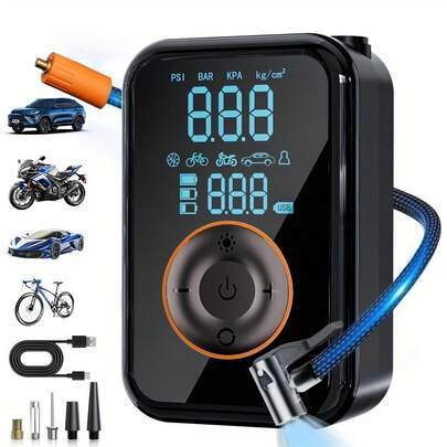 Mini compresor de aire portátil para coche de 150PSI, inflador de neumáticos inalámbrico con manómetro digital. Bomba de aire eléctrica inteligente con luz LED incorporada y batería recargable de 7.4V 2000mAh. Bomba de neumáticos compacta de alta potencia de 12V para coches, motocicletas, bicicletas y deportes de pelota. Accesorios para coche/regalo de Navidad