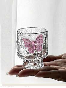 1 pieza/2 piezas Vaso de vino mini con diseño de mariposa martillado estilo Ins, taza de té para el hogar, vaso de chupito para licores, vaso de chupito con diseño de mariposa para bebidas espirituosas - transparente - Ver 3